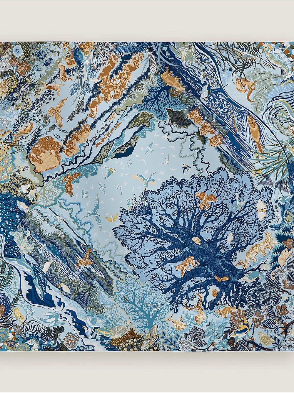 Hermes Rewilding Nature scarf 90 Bleu Ciel / Beige / Blanc